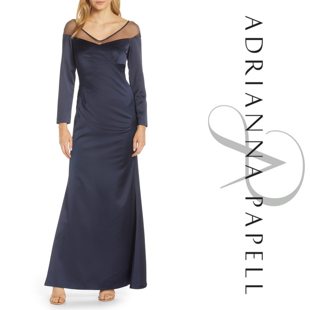 Adrianna  Papell Long Sleeve Illusion Satin Gown